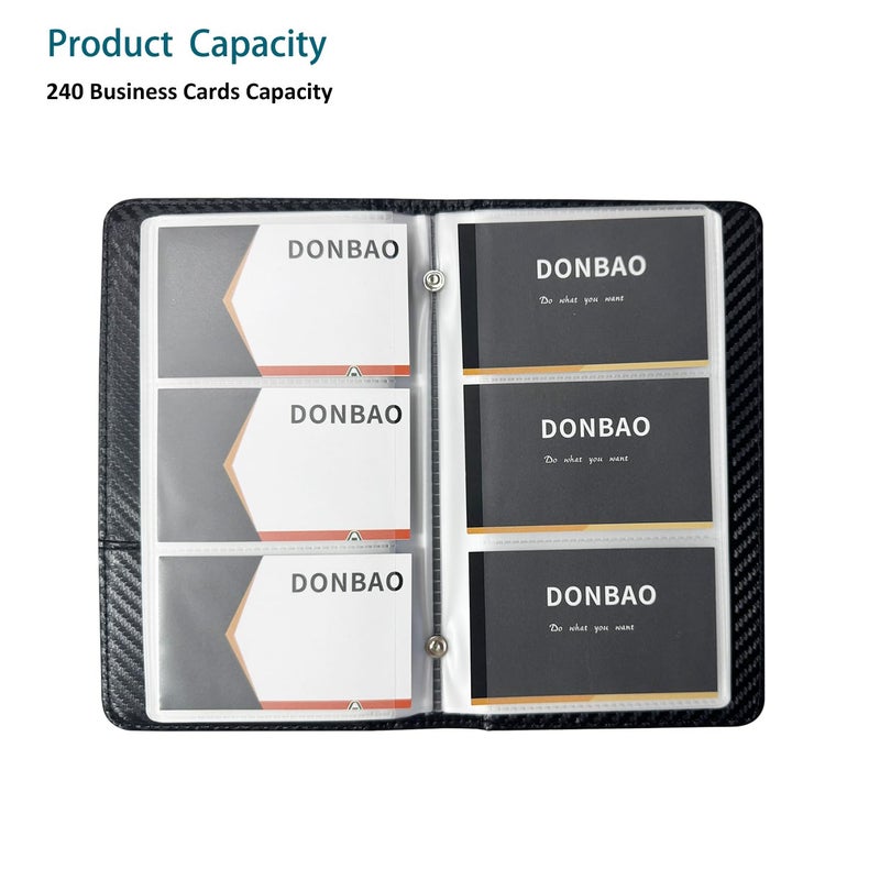 DONBAO Leather Professional Business Card Holder Book Organizer, 240 Capacity Credit Card Booklet, Premium PU Name Cards Storage Folder with Soft Cover for Men/Women (Carbon Fiber Black) - Image 2