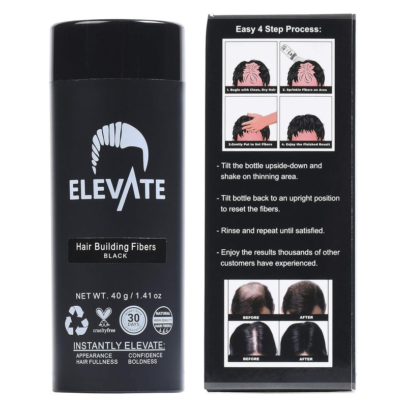 ELEVATE Hair Fibers for Thinning Hair (BLACK) - GIANT 40g Bottle - 100% Natural & Undetectable Keratin Fibers to Instantly & Completely Conceal Thinning Balding Loss Area in 30 Seconds for Men & Women