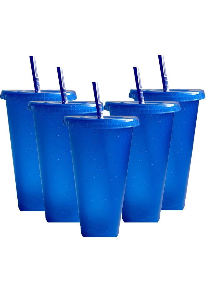 5 Pack Reusable 710ml Plastic Tumblers with Lids and Straws – Ideal for Iced Coffee, Travel, Parties, and Birthdays, Durable Drinking Cups for All Ages（Blue） - Image 1