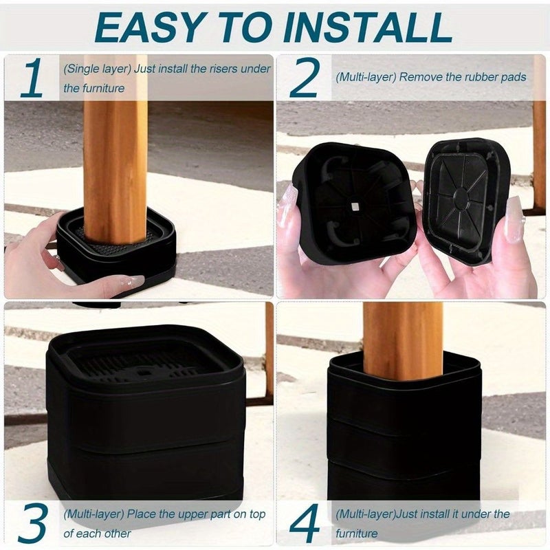 4 Pcs Black Heavy Duty Adjustable Bed Heightening Pads For Washing Machine Furniture Sofa Chair Table Desk Cabinet And Recliner Legs - Image 4