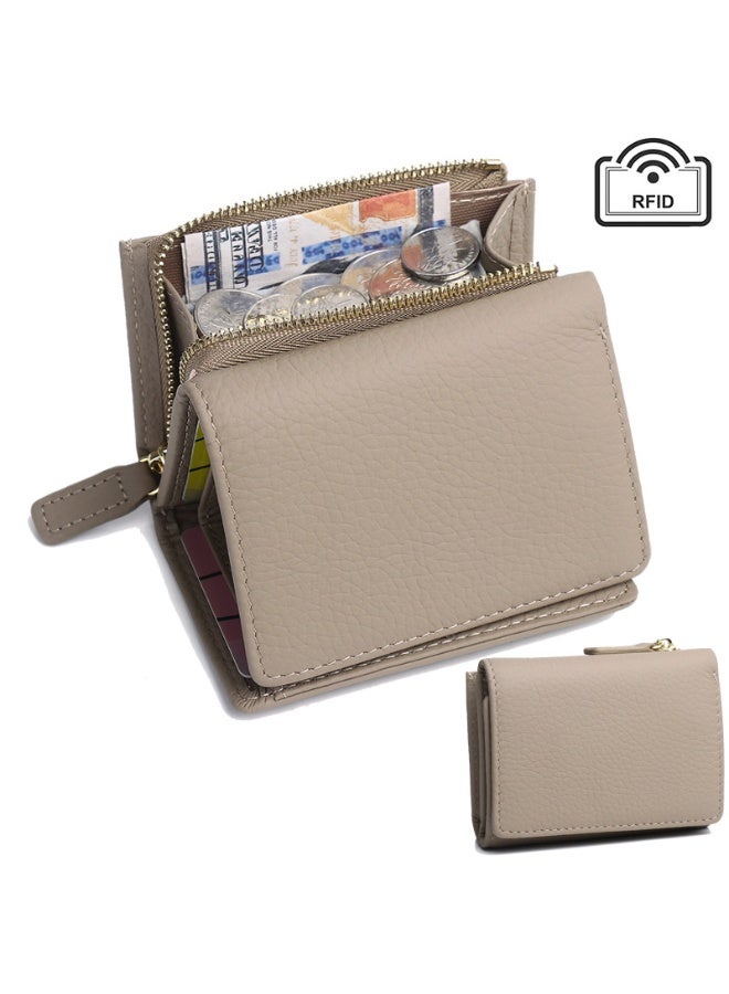 xozgdovg New Ladies Leather Wallet Short Zip Japanese Style Card Holder Flax gray/LIGHT GREY 