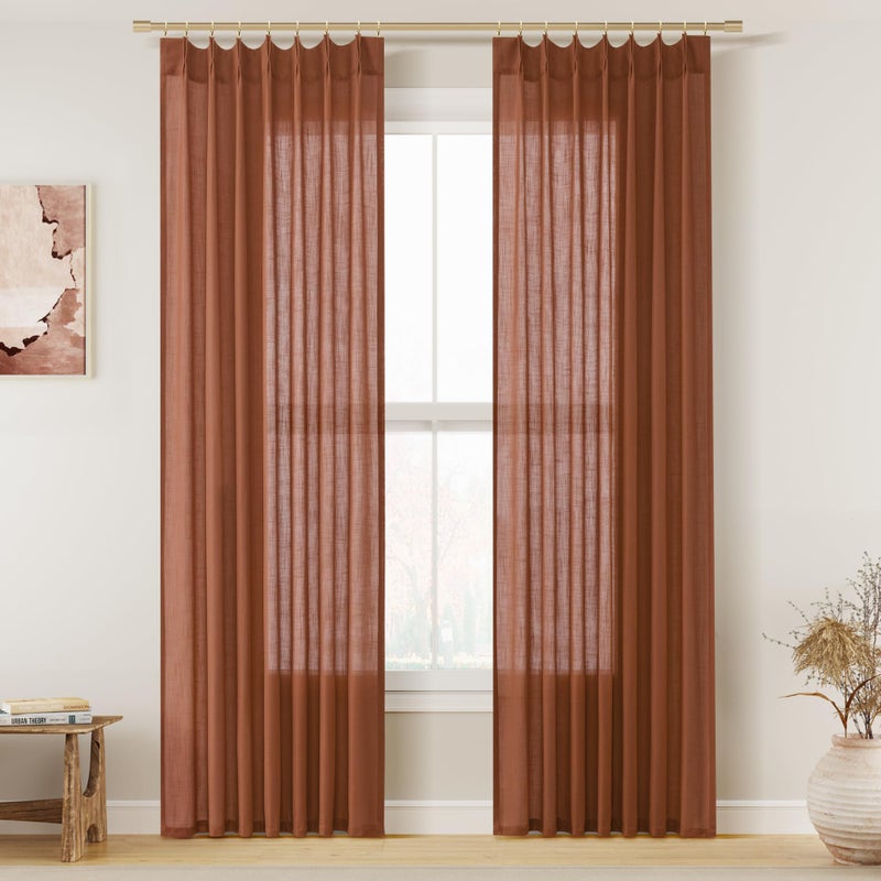 Aersas Terracotta Pinch Pleat Linen Curtains 84 Inch Length 2 Panels Set for Bedroom Dinging Room Semi Sheer Boho Farmhouse Neutral Window Curtains 84 Inches Long for Living Room Nursery 40x84 - Image 1