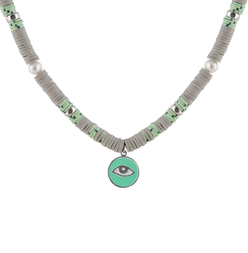 Minza “Green Eyes” Women’s Necklace, Sterling Silver 925 Eye Pendant, Pearls & Fimo Beads, Adjustable Chain Necklace for Women, Jewelry for Casual & Special Occasion. - Image 1