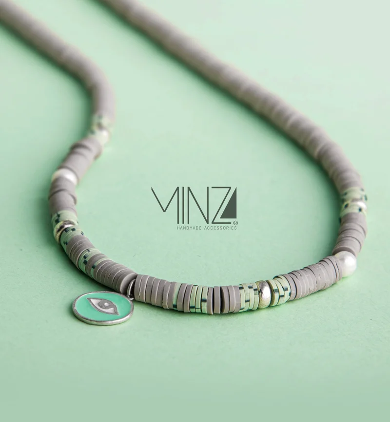 Minza  Minza “Green Eyes” Women’s Necklace, Sterling Silver 925 Eye Pendant, Pearls & Fimo Beads, Adjustable Chain Necklace for Women, Jewelry for Casual & Special Occasion. for Women | Best Price UAE