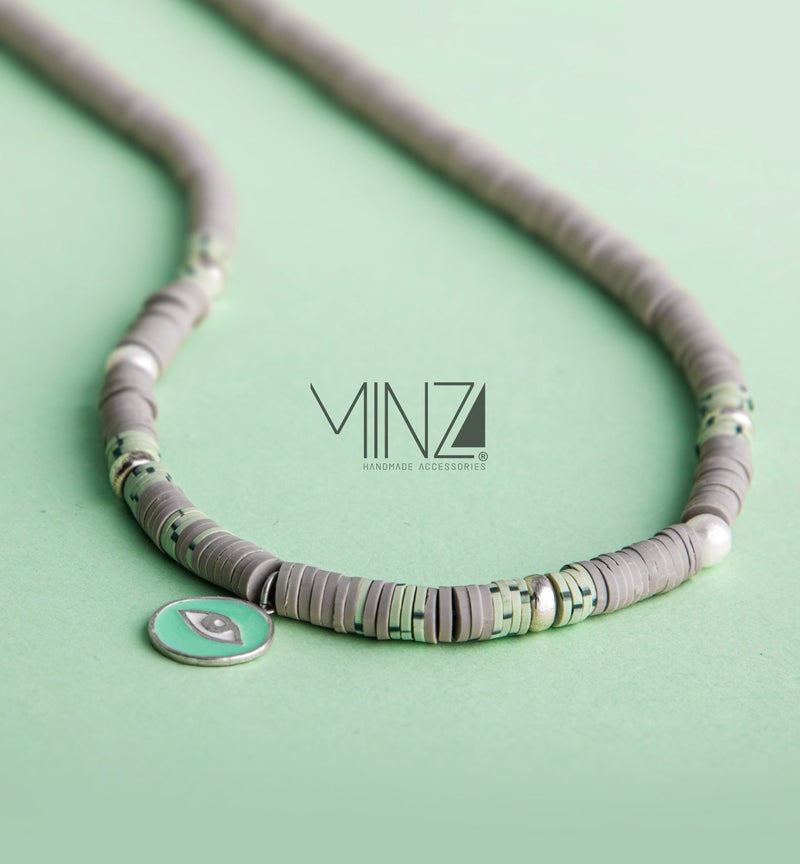 Minza “Green Eyes” Women’s Necklace, Sterling Silver 925 Eye Pendant, Pearls & Fimo Beads, Adjustable Chain Necklace for Women, Jewelry for Casual & Special Occasion. - Image 5