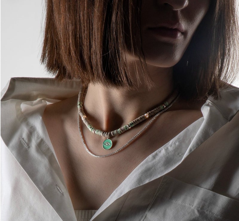 Minza “Green Eyes” Women’s Necklace, Sterling Silver 925 Eye Pendant, Pearls & Fimo Beads, Adjustable Chain Necklace for Women, Jewelry for Casual & Special Occasion. - Image 2