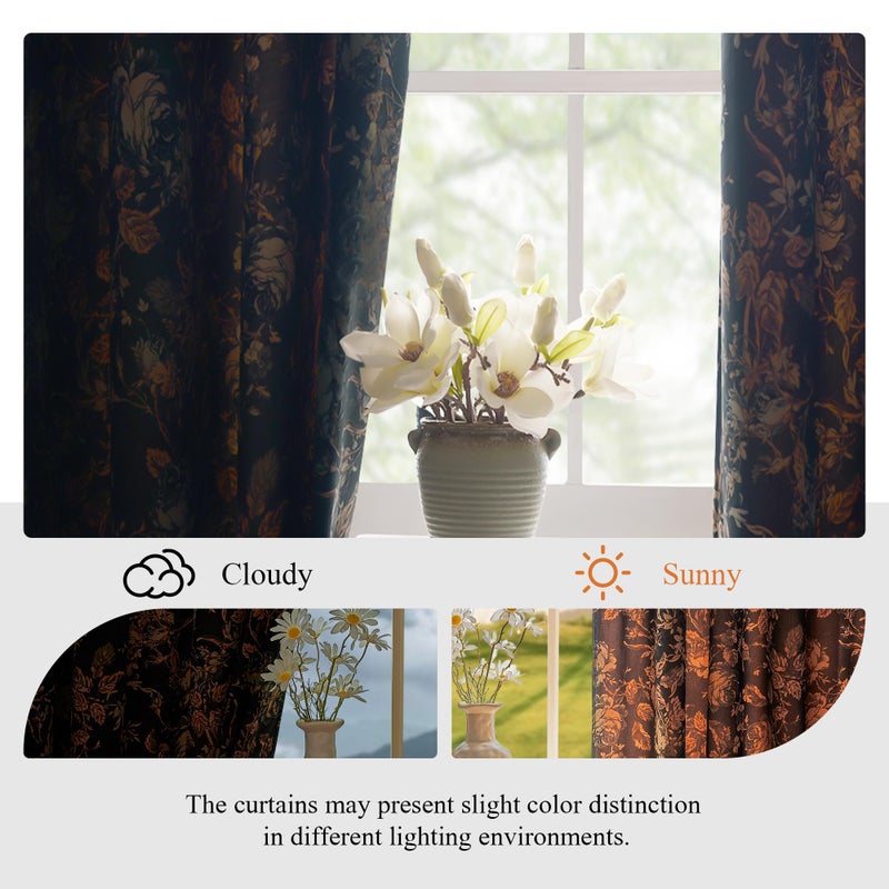 StangH Black Floral Velvet Curtains 102 inches Long, Super Soft Retro Printed Window Drapes with Back Tab Light Blocking Luxury Home Decor for Bedroom Living Room, W52 x L102, 2 Panels - Image 5