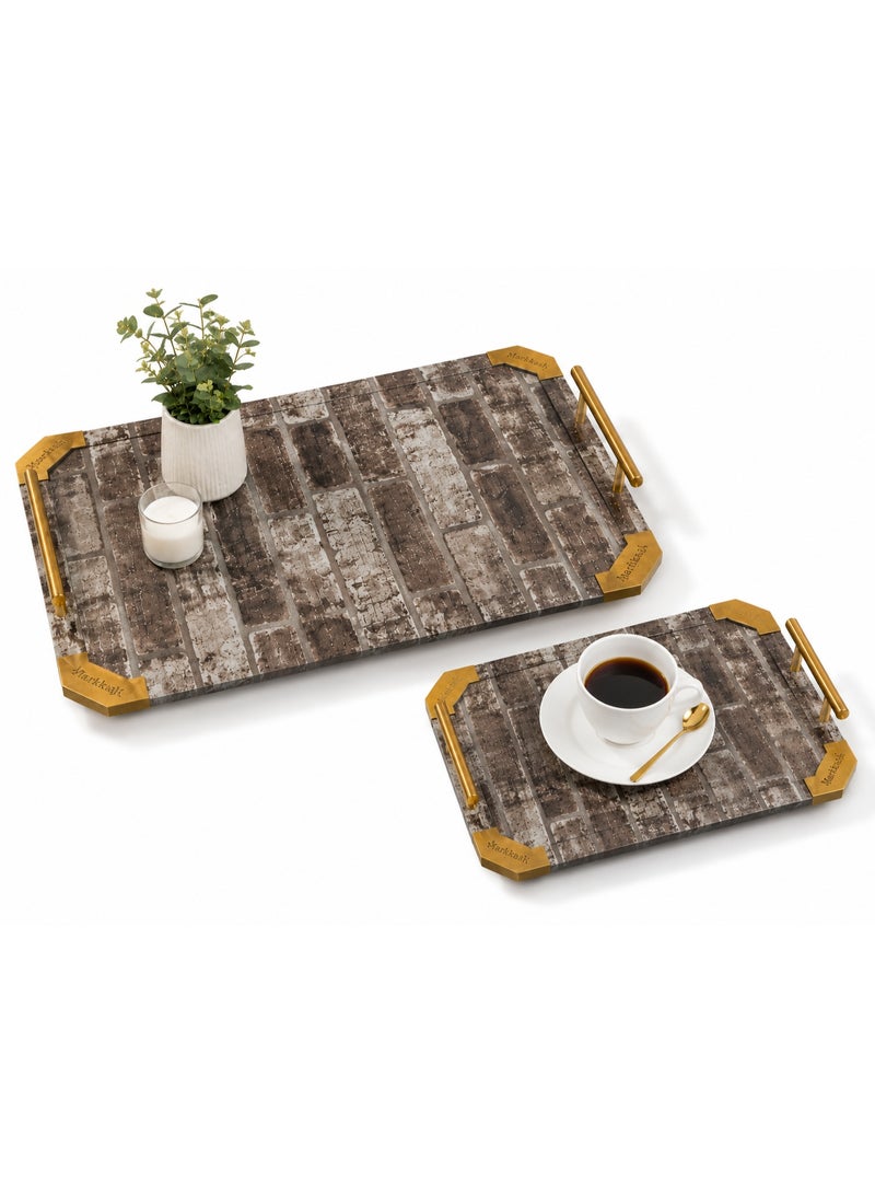 2-Piece Rectangular Wooden Serving Tray Set with Rustic Brick Pattern, Gold Metal Handles & Corners (Large & Small) - Brown & Grey - Image 4