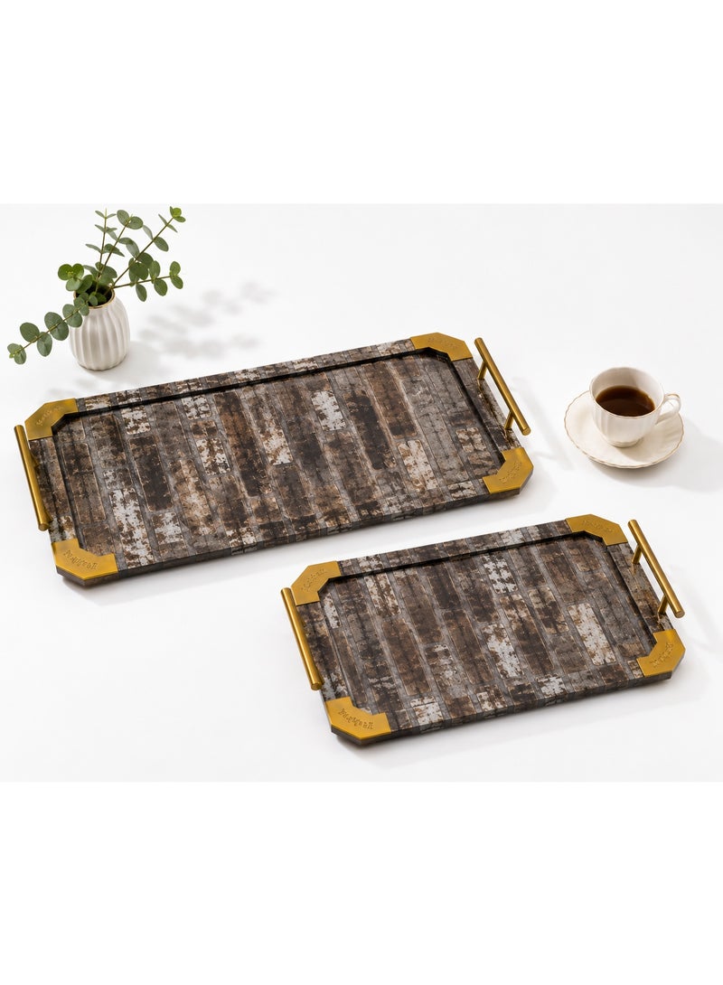 2-Piece Rectangular Wooden Serving Tray Set with Rustic Brick Pattern, Gold Metal Handles & Corners (Large & Small) - Brown & Grey - Image 5