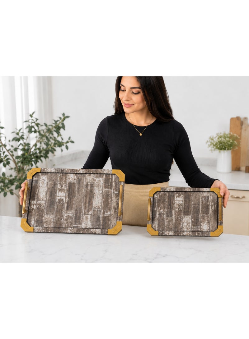 2-Piece Rectangular Wooden Serving Tray Set with Rustic Brick Pattern, Gold Metal Handles & Corners (Large & Small) - Brown & Grey - Image 2