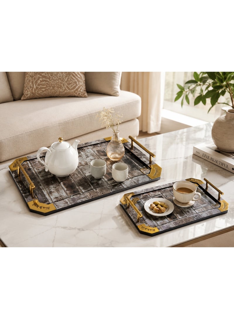 2-Piece Rectangular Wooden Serving Tray Set with Rustic Brick Pattern, Gold Metal Handles & Corners (Large & Small) - Brown & Grey - Image 3
