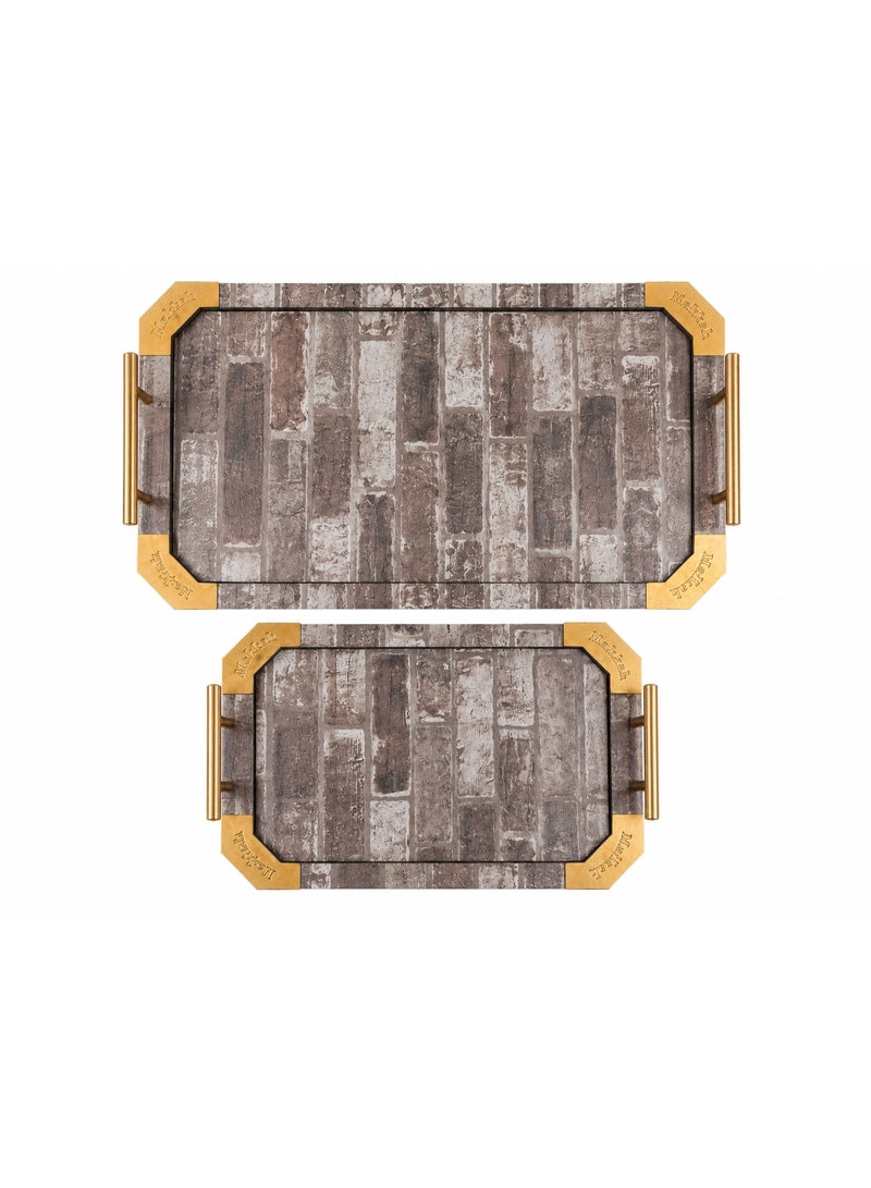 2-Piece Rectangular Wooden Serving Tray Set with Rustic Brick Pattern, Gold Metal Handles & Corners (Large & Small) - Brown & Grey - Image 1