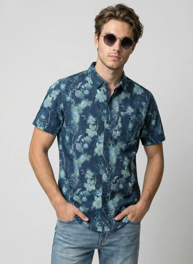 Take Two Men Blue Floral Print Short Sleeve Shirt By SNX