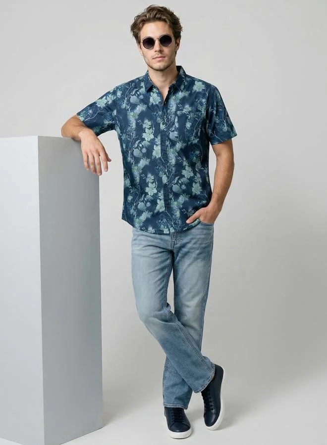 Take Two Men Blue Floral Print Short Sleeve Shirt By SNX