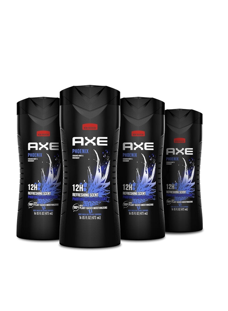 Axe غسول الجسم AXE فينيكس 4 عبوات 12 ساعة رائحة منعشة نعناع مهروس وإكليل الجبل غسول جسم للرجال مع مرطبات نباتية 100% 16 أونصة - Image 1