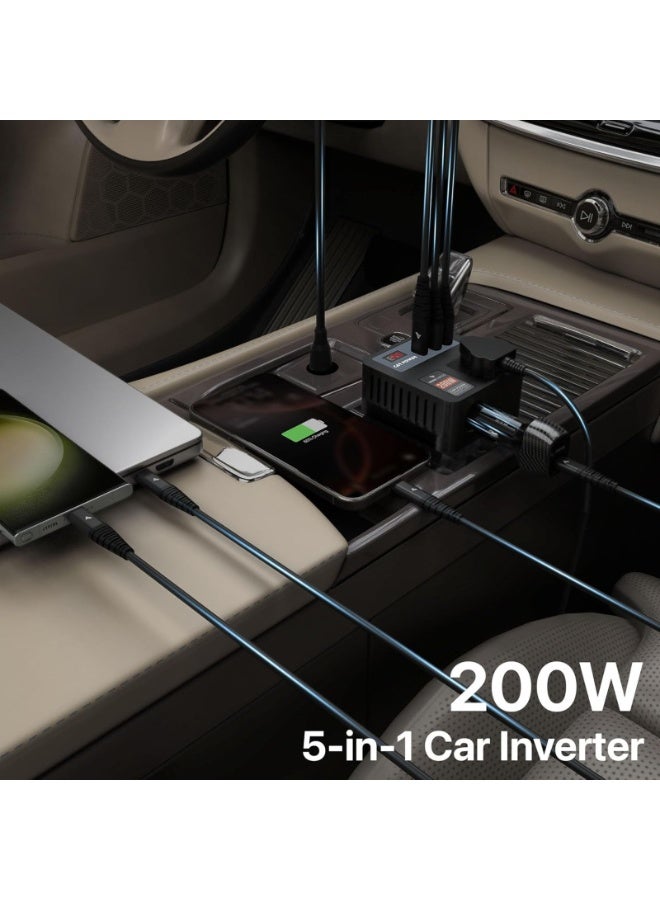 بلو فاير محوّل طاقة سيارة 200 وات 5 في 1 وشاحن لابتوب - محوّل من 12V/24V تيار مستمر إلى 220V تيار متردد مع 3 منافذ USB (30W PD، QC3.0) ومقبس 3 دبابيس وشاشة عرض LED. شحن سريع محمول للابتوب والهواتف والأجهزة اللوحية وأجهزة CPAP والكاميرات في الرحلات والعمل وحالات الطوارئ - تصميم آمن متعدد الحماية. - Image 4