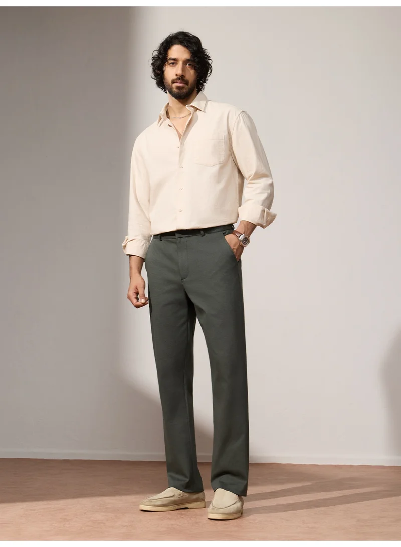 The Souled Store Olive Green The Souled Store Men Dark Olive Green Solid Classic Fit All-Day Pants for Men | Best Price UAE