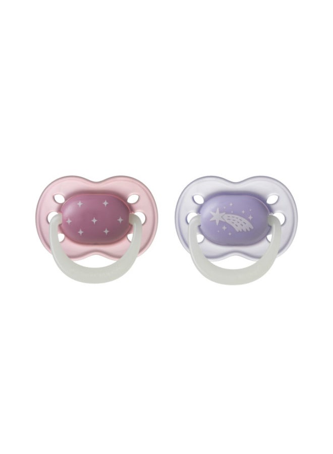 NightGlow Dummy, 0-6 Months, 2 Pack, Glow in the Dark, Reusable Microwave Sterilising Case, Orthodontic Soother, Extra Air Holes, Symmetrical Teat, BPA Free, Twilight Tones