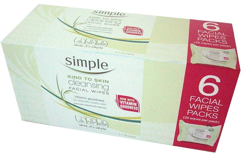 Simple Cleansing Facial Wipes (Boxed 6 packs x 25 wipes) Total 150 Wipes