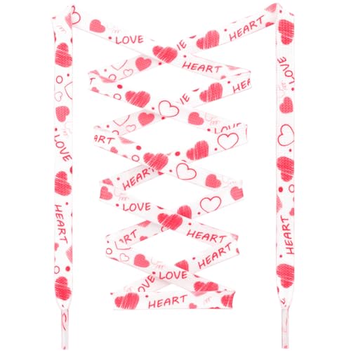 DANHUA Colored Flat Shoe laces: 2 Pair White Red Hearts Printed Shoelaces for Sneakers boot 47 inch - Image 1