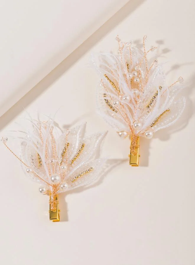 Take Two Pack of 2 - White Feather and Pearl Hair Clip