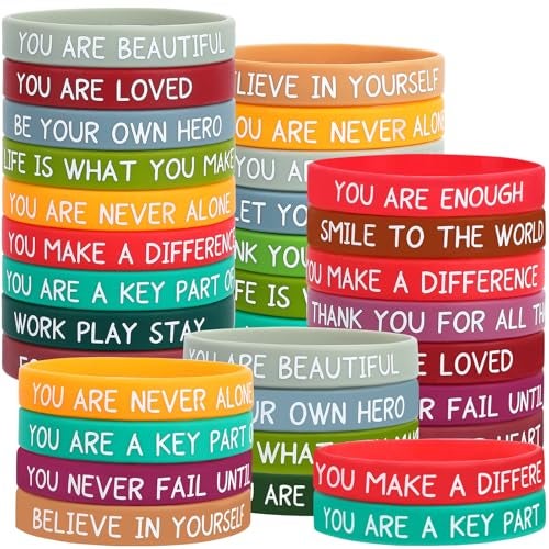 JUNEBRUSHS 64pcs Motivational Silicone Bracelets Bulk Colored Inspirational Rubber Wristbands Unisex for Student Teacher Office Prizes Gifts Back to School Party Favor Supplies - Image 1