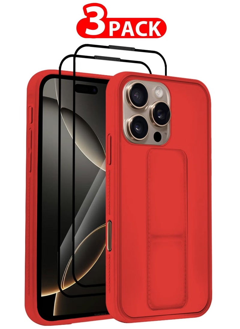 Raxoom 3-Pack Premium PU Leather Case & Screen Protectors for iPhone 16 Pro Max â€“ Shockproof, Anti-Scratch, Stand Function, Finger Grip Case Cover (Red) - Image 5