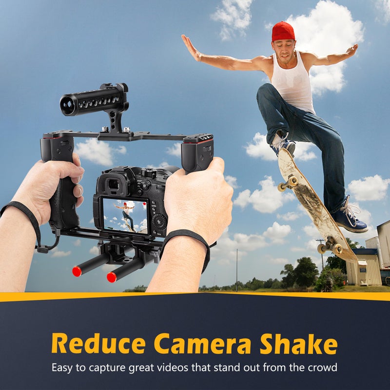Zeadio Camera Video Rig Cage, Aluminum Filmmaking Movie Making Kit with Top Handle, Arca Type Base and two 15mm Rod Guide, Compatible with all DSLR Camera and Camcorder - Image 2