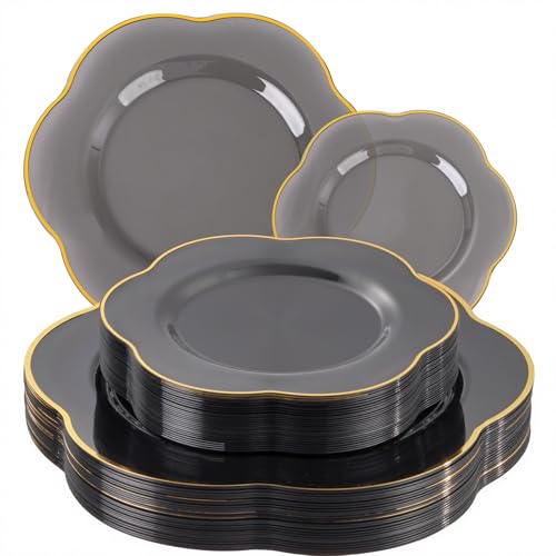 Liacere 60Pcs Brown Plastic Plates - Brown Disposable Plates With Gold Rim, Heavy-duty Amber Plates,Water ripples Party Plates Include 30 Dessert-Platos,30 Dinner-Platos for Party & Wedding - Image 1