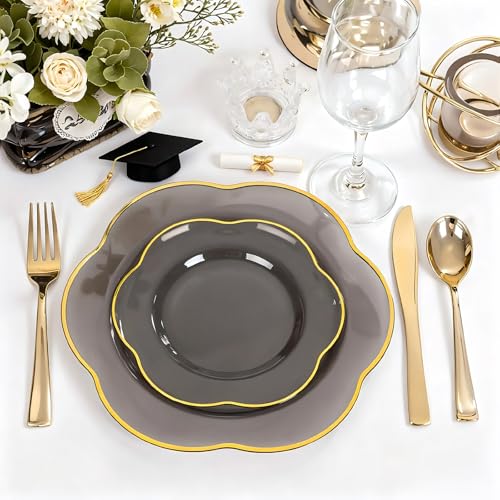 Liacere 60Pcs Brown Plastic Plates - Brown Disposable Plates With Gold Rim, Heavy-duty Amber Plates,Water ripples Party Plates Include 30 Dessert-Platos,30 Dinner-Platos for Party & Wedding - Image 5