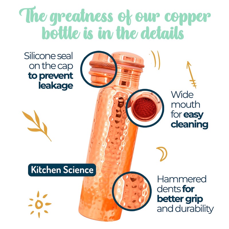 Kitchen Science Copper Water Bottle (34oz/1000ml) w/a Carrying Canvas Bag | 100% Pure Copper Bottle for Drinking Water | Lab-Tested, Heavy Duty & Leak-Proof | Authentic Ayurvedic Copper Water Bottle - Image 3
