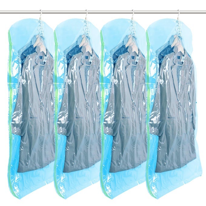 HANGING VACUUM STORAGE SEALER SPACE SAVER BAGS FOR CLOTHES SUITS COATS OR JACKETS CLOSET ORGANIZER 4 PACK JUMBO BLUE