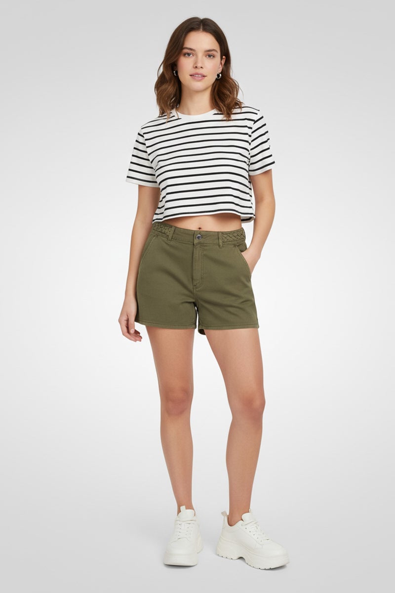 promod Women Solid Denim Shorts, Olive - Image 1