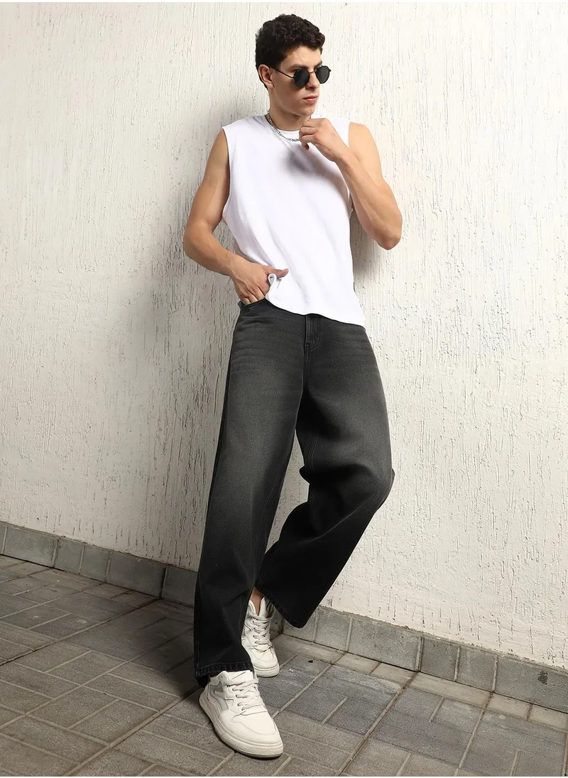 Hubberholme Black Baggy Jeans for Men, Mid-Rise, Heavy Fade, Pure Cotton, 90's Style
