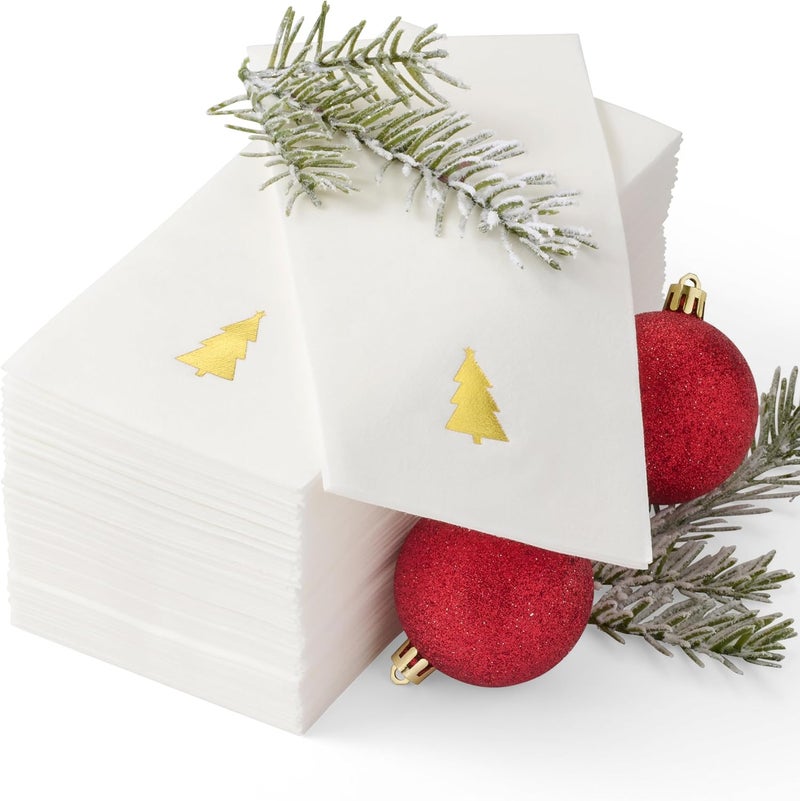 By Madee : 50 Pack PREMIUM Christmas Napkins Paper for Dinner or Christmas Hand Towels for Bathroom | Cloth-Like Elegant Holiday Napkins | Made with Thick Airlaid Paper (Gold Tree) - Image 1