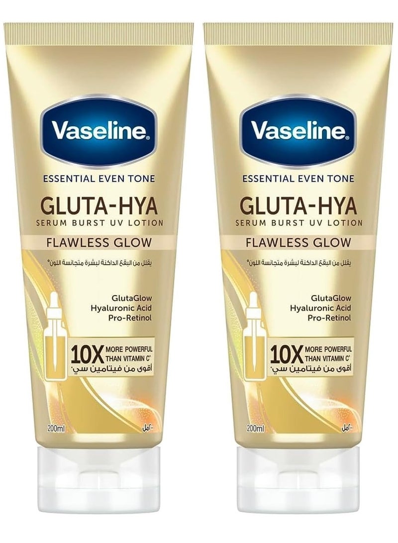 Vaseline Essential Even Tone Body Lotion with moisturising petroleum jelly, Flawless Glow, Gluta-Hya Serum Burst UV, 10X More Powerful than Vitamin C, 200ml (Pack of 2) - Image 1