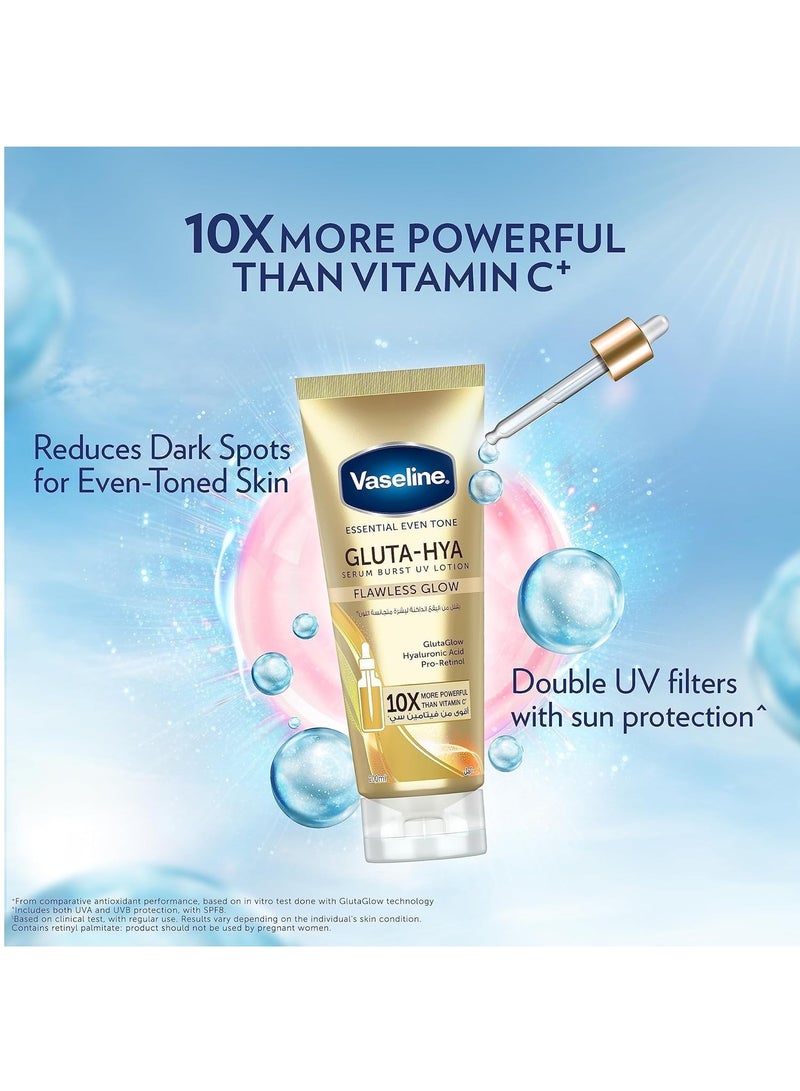 Vaseline Essential Even Tone Body Lotion with moisturising petroleum jelly, Flawless Glow, Gluta-Hya Serum Burst UV, 10X More Powerful than Vitamin C, 200ml (Pack of 2) - Image 2