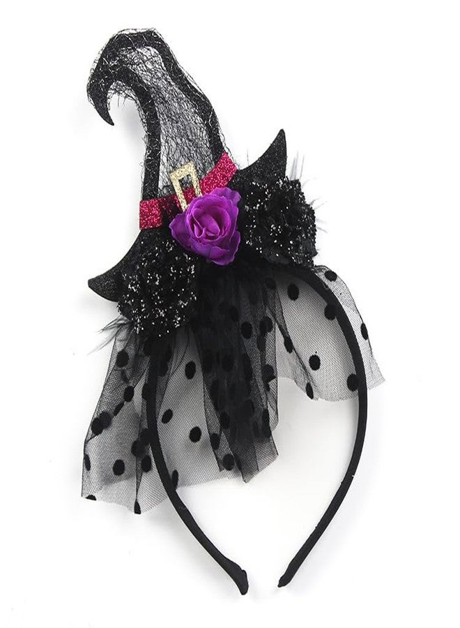 Foyte Halloween Headband Funny Witch Hat Headpiece Black Purple Flower Hair Accessories for Halloween Cosplay Costumes (Witch Hat) - Image 1