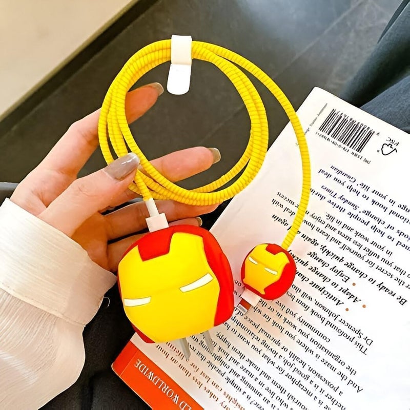 INEFABLE Charger Case Cover Protector with 3D Cute Pattern for iPhone Charger only 18W & 20W, Data Charging Cable Wire Saver Protective Cable Cover Full Protection - Set Of 1 (Ironman) - Image 1