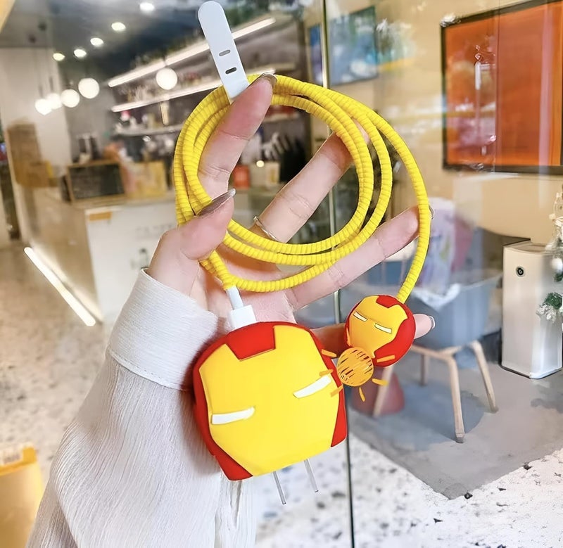 INEFABLE Charger Case Cover Protector with 3D Cute Pattern for iPhone Charger only 18W & 20W, Data Charging Cable Wire Saver Protective Cable Cover Full Protection - Set Of 1 (Ironman) - Image 2