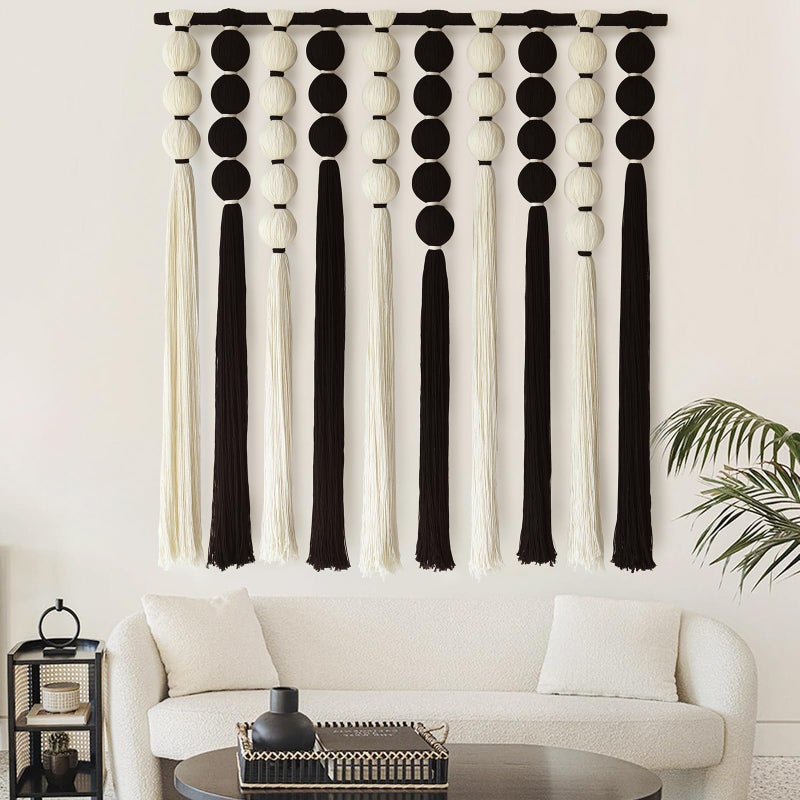 IOWER Large Macrame Wall Hanging Macrame Wall Decor Black and White Sphericity Cotton Textile Wall Hanging Boho Wall Decor Art Fiber Yarn Art Handmade 39" Wx39 L - Image 2