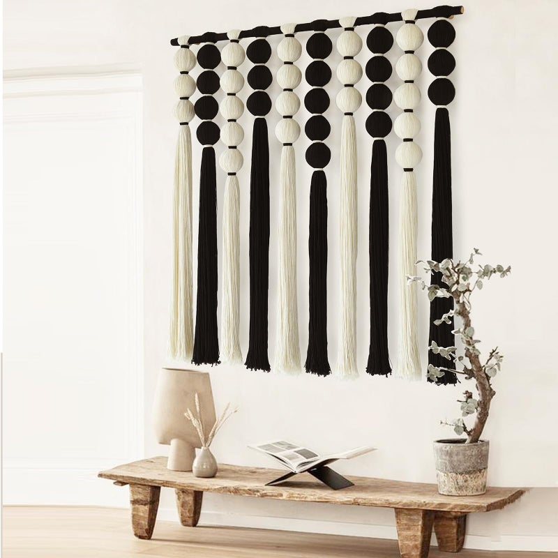 IOWER Large Macrame Wall Hanging Macrame Wall Decor Black and White Sphericity Cotton Textile Wall Hanging Boho Wall Decor Art Fiber Yarn Art Handmade 39" Wx39 L - Image 4
