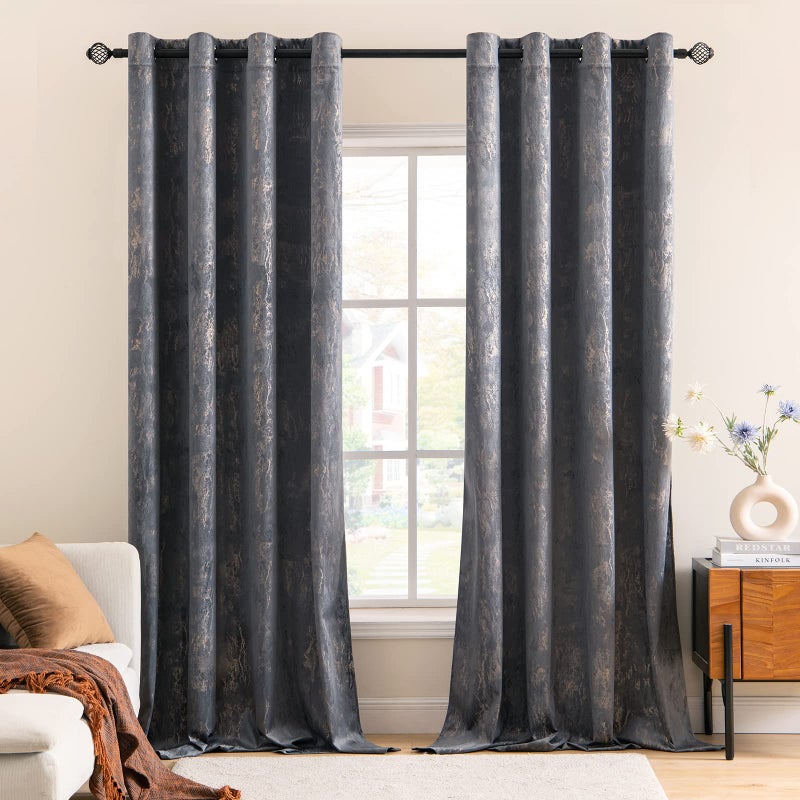 MIULEE 2 Panels Grey Bronzing Velvet Curtains Decoration Room Darkening Thermal Insulated Curtain Pair Eyelet Drapes for Living Room Kids Bedroom Nursery 46 W x 90 L 117x228cm