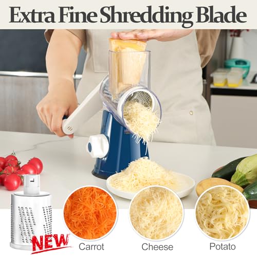 Cambom Rotary Cheese Grater Hand Crank Cheese Shredder for Fresh Cheese, Vegetable, Nuts, Non-slip Suction Base,Five Blades, Deep Blue - Image 2