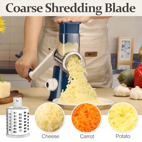 Cambom Rotary Cheese Grater Hand Crank Cheese Shredder for Fresh Cheese, Vegetable, Nuts, Non-slip Suction Base,Five Blades, Deep Blue - Image 4