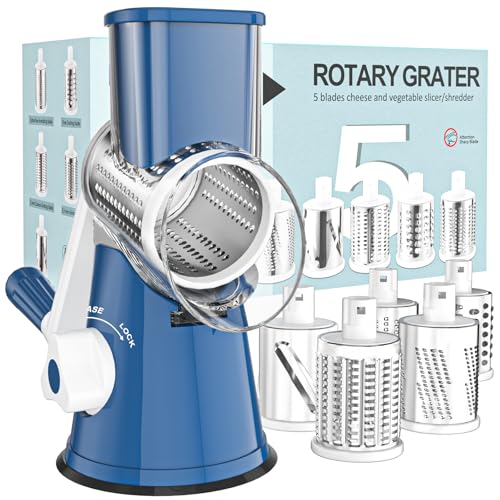 Cambom Rotary Cheese Grater Hand Crank Cheese Shredder for Fresh Cheese, Vegetable, Nuts, Non-slip Suction Base,Five Blades, Deep Blue - Image 1
