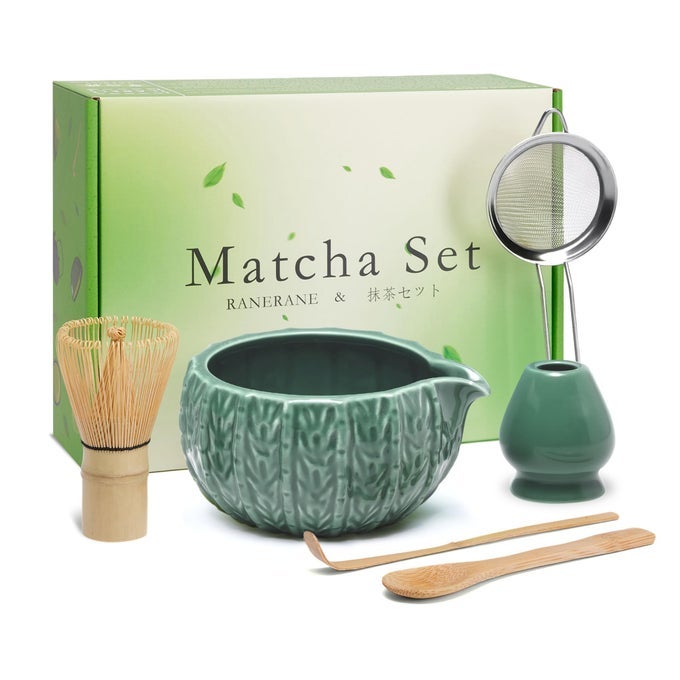 MATCHA WHISK SET CACTUS DARK GREEN CERAMIC MATCHA SET INCLUDES MATCHA BOWL MATCHA WHISK CHASEN AND HOLDER SIFTER BAMBOO SCOOP SPOON 6 PCS MATCHA KIT FOR MATCHA LOVERS