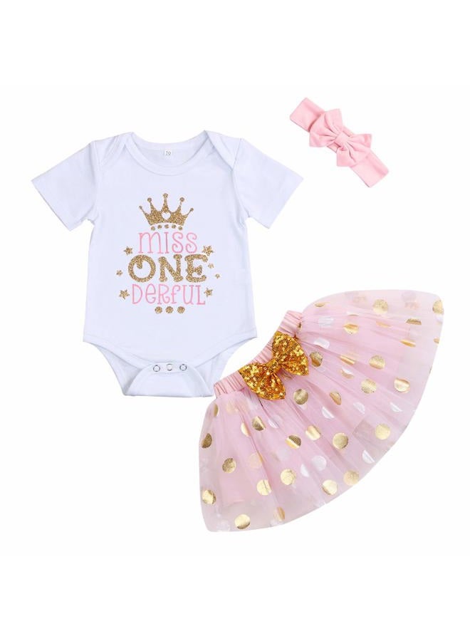 Viworld Baby Girl 1st Birthday Cake Smash Toddler Girl Miss Onederful Romper Tutu Skirt with Headband Clothes Set, Pink, 9-12 Months - Image 1