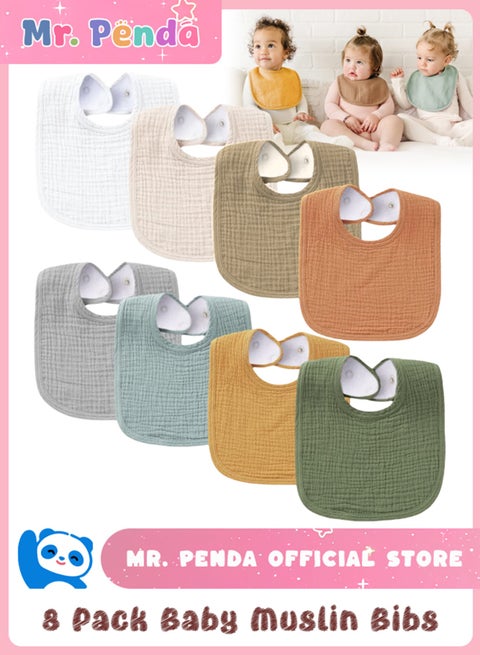 8 Pack Breathable Muslin Baby Bibs, Bandana Drool Bibs for Newborns and Infants, Soft and Absorbent Cotton Fabric (Neutral Colors)