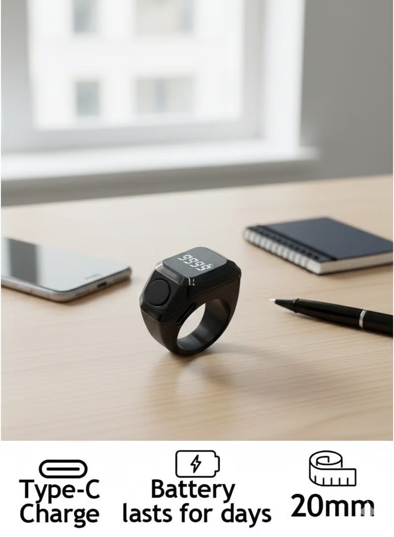 خاتم تابيش الذكي أسود 20 مم – عداد تسبيح إلكتروني مع تذكير أوقات الصلاة وشاشة OLED - Image 2